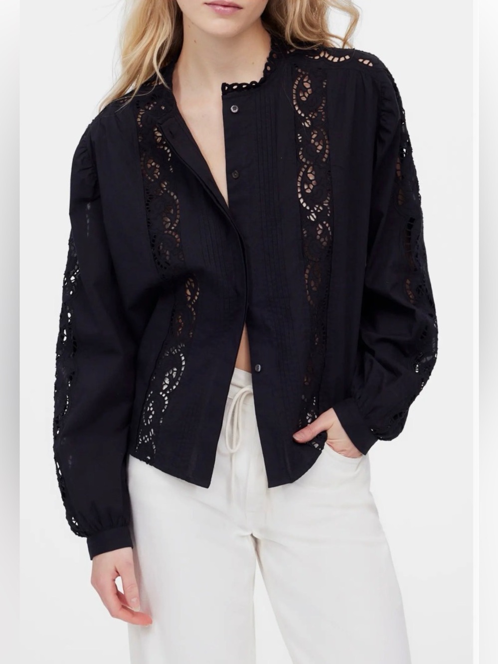 Madewell Lace Insert Pintuck Button Up Blouse Black Size Medium